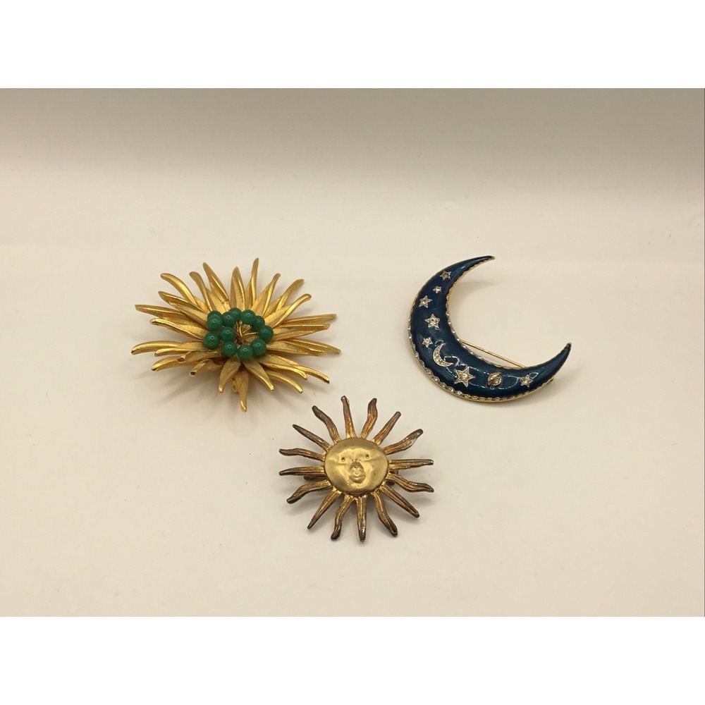 Brooch Lot Blue Crescent Moon Saturn Stars Midnight Celestial Enamel Gold Tone